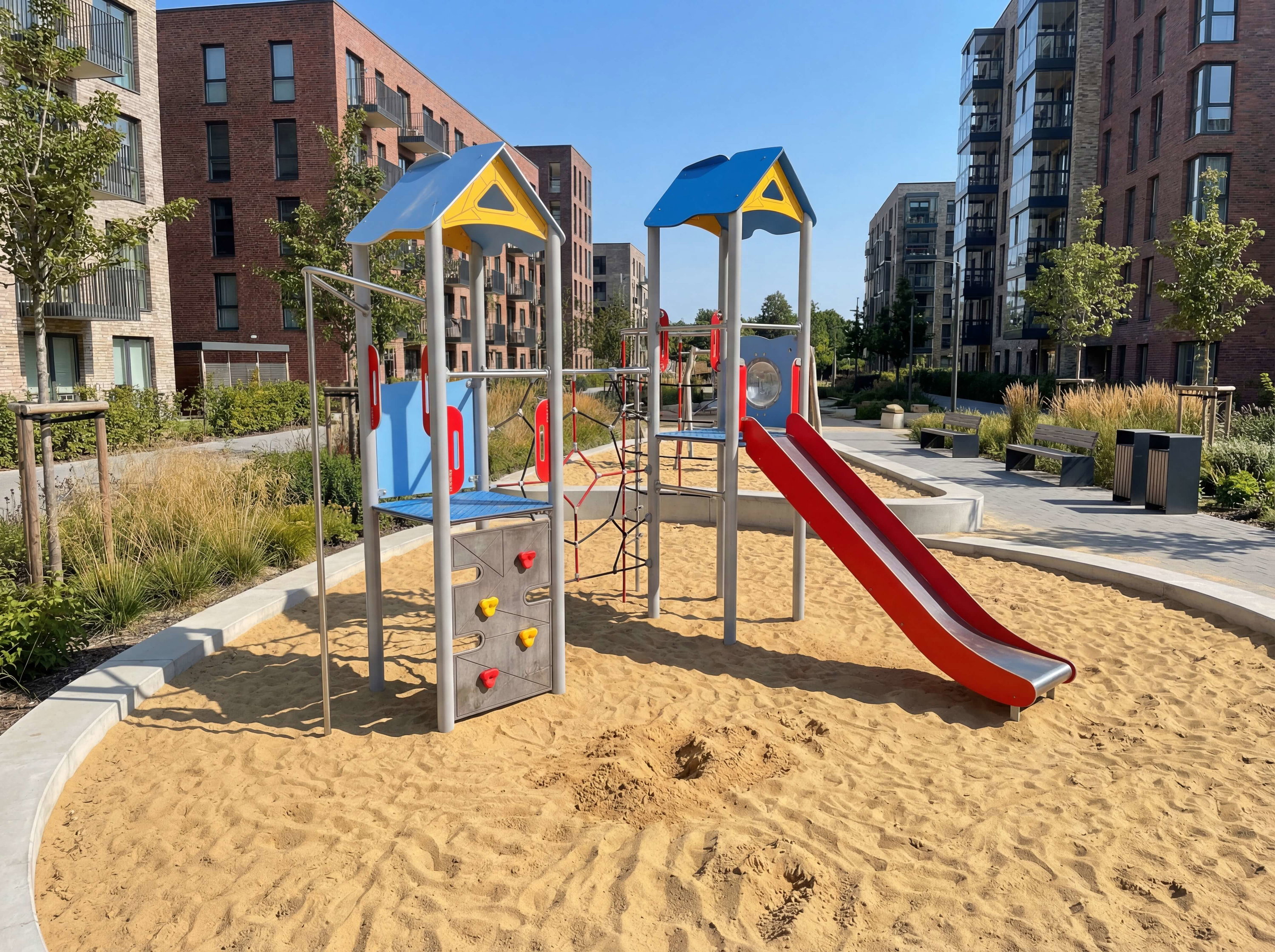 Kinder-Spielplatz mit Rutsche und Sandkasten im modernen Wohngebiet unter blauem Himmel.