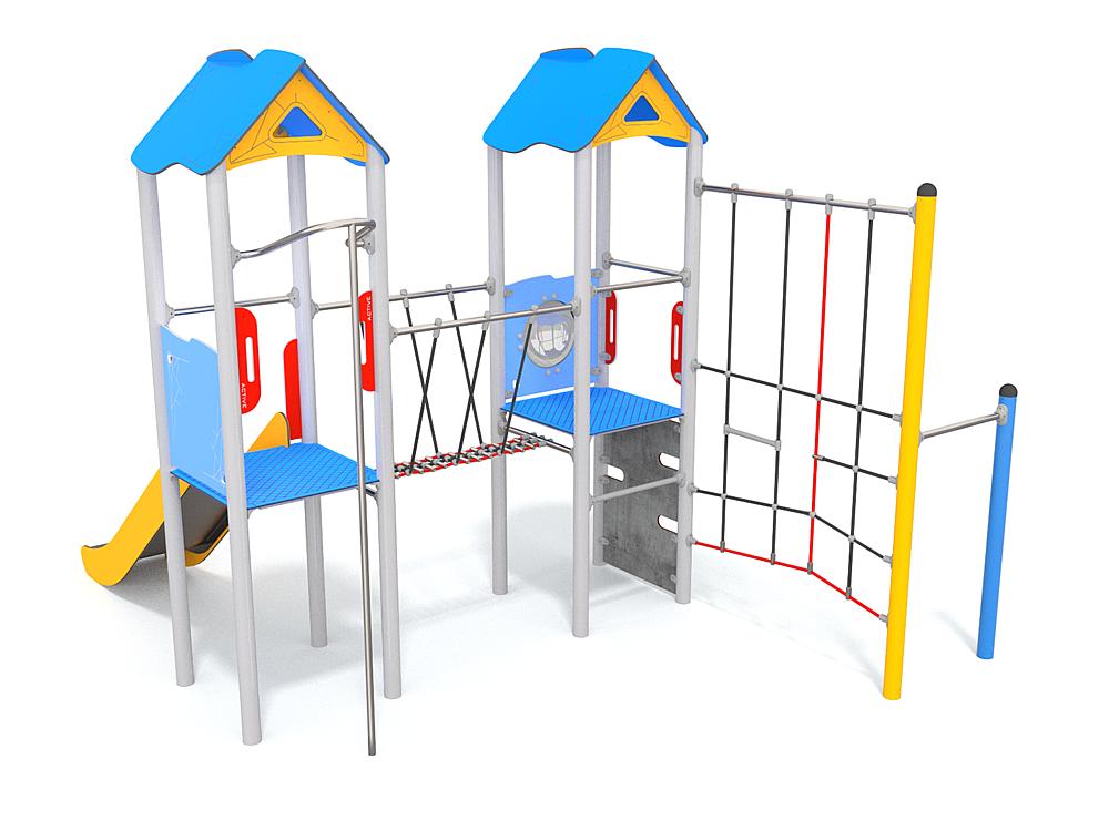 Schwinger für Kleinkinder mit Metallgestell und grünen Verbindungen auf weißem Hintergrund.