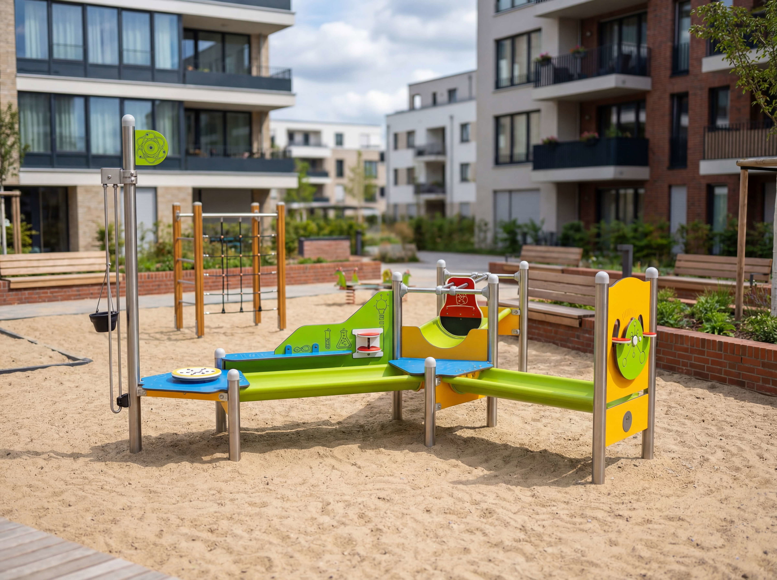 Farbiger Spielplatz im Sand mit modernen Wohnhäusern im Hintergrund.