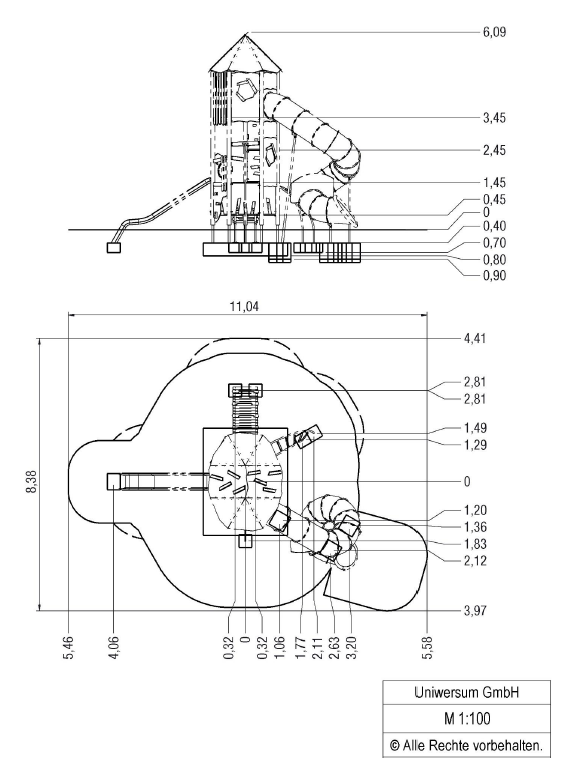 Technische Zeichnung eines industriellen Geräts mit Maßangaben und Markenlogo Uniwersum GmbH.